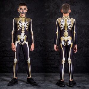 BADINKA Etsy Kids Skeleton Bodysuit Costume | Size XXS 3–4 | Black & Gold Lycra